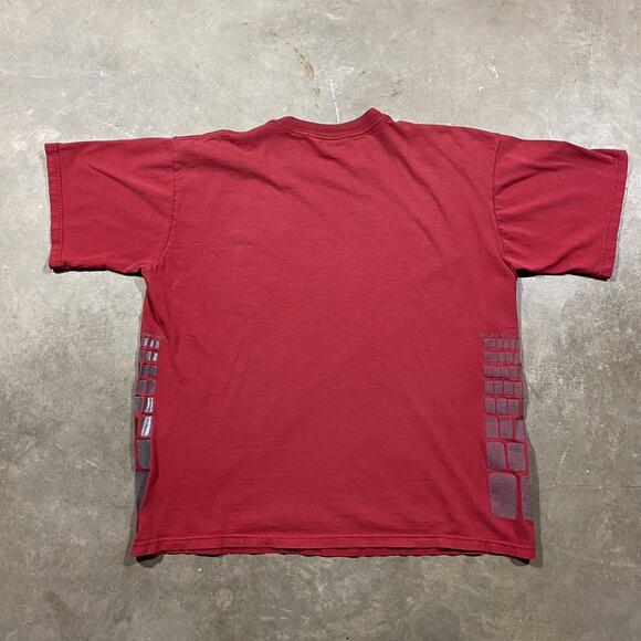 VTG Y2K B.U.M. Equipment BE Logo Tee Red Metallic Grid Graphic Shirt L - Picture 5 of 13